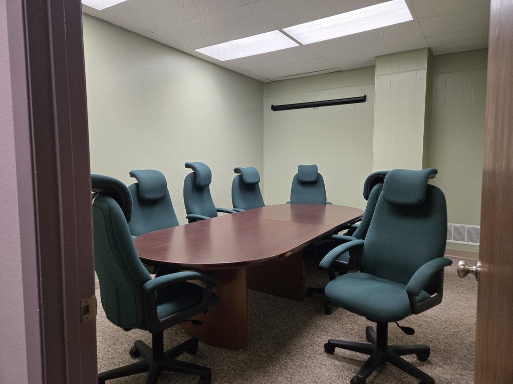 EVillage conference room with table, chairs, and overhead lighting